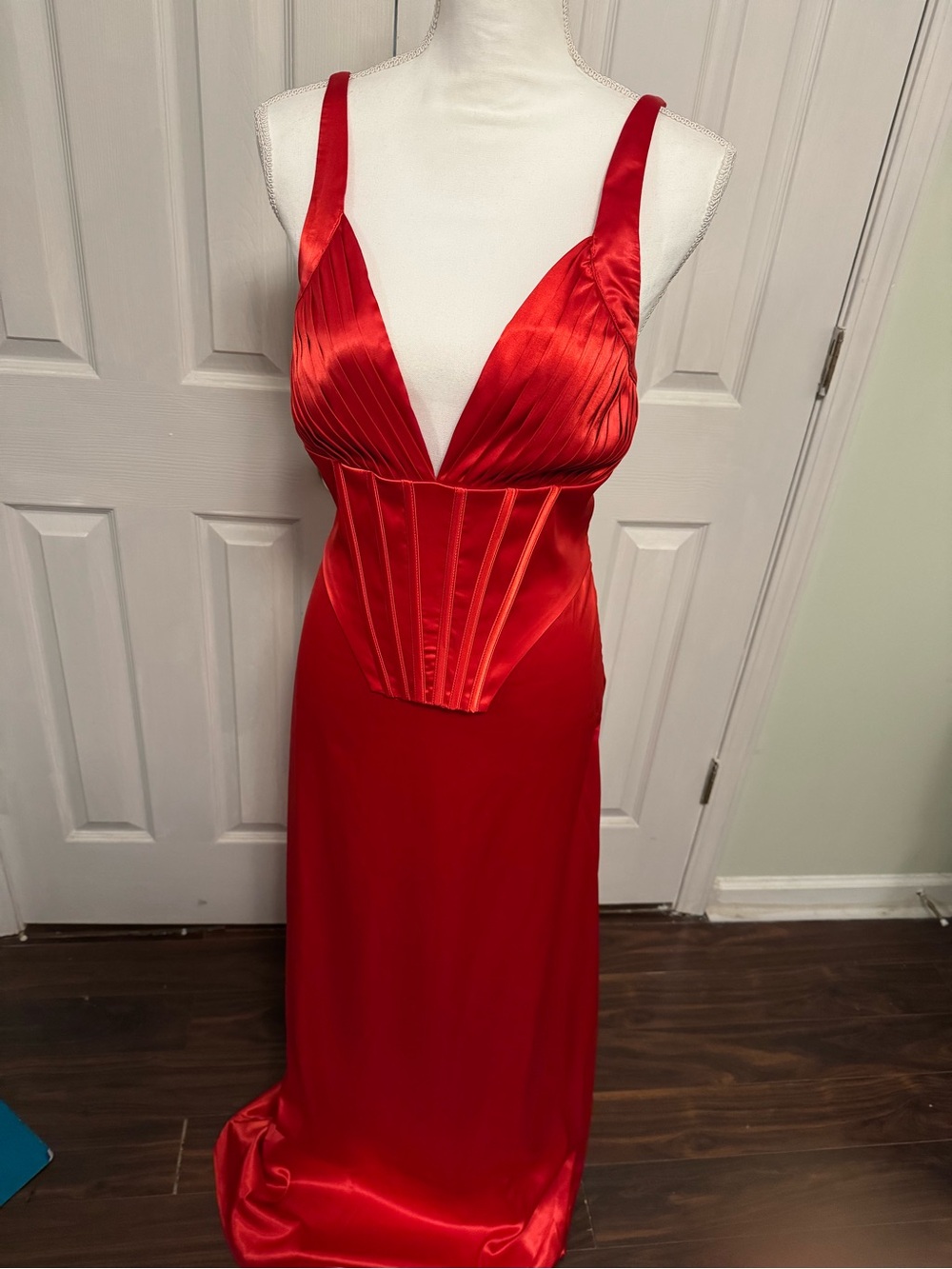 AKIRA Red Satin Plunge Corset Evening Gown
